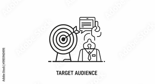 Stylized line art of a dartboard, a person, and a tablet, representing target audience