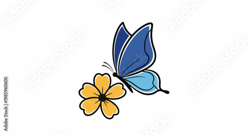 A simple graphic illustration of a blue butterfly resting on a yellow flower