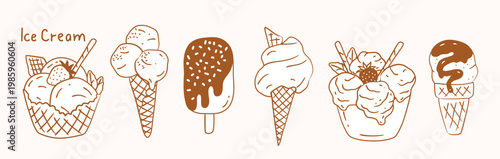 Hand drawn ice cream set with cones, popsicles and scoops in warm brown line art on white background. Cute dessert collection for summer menu, packaging, cafe branding, stickers and kids design.