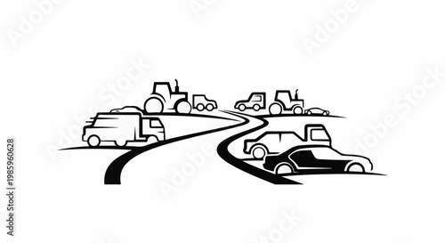 Diverse vehicles travel along a winding road under a clear sky