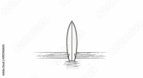 Line art surfboard standing upright on a sandy beach by the water