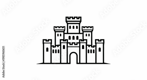 Stylized black and white line drawing of a European castle with battlements