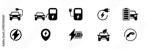 Electric Car Charging and EV Energy Icon Set