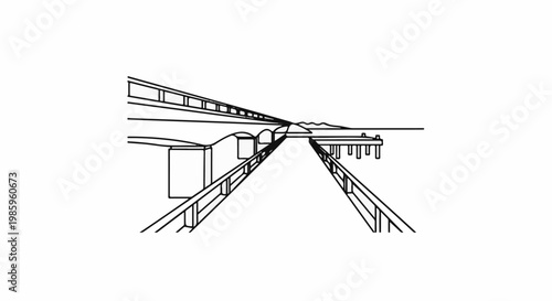 A stark, high-contrast illustration of a futuristic elevated transport system