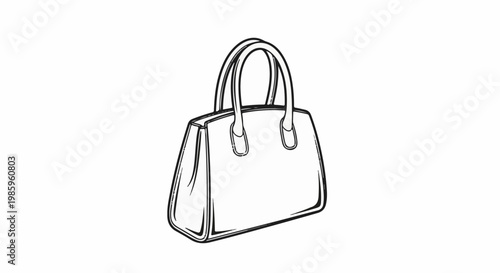 A black and white sketch of a structured handbag with two handles