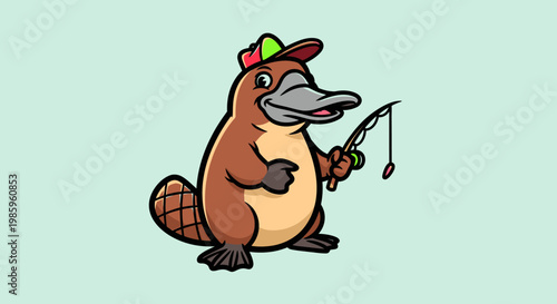 Cartoon platypus fishing with cap on isolated against a light green backdrop