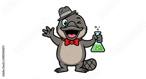 Cartoon platypus with hat bow tie and beaker on a white background