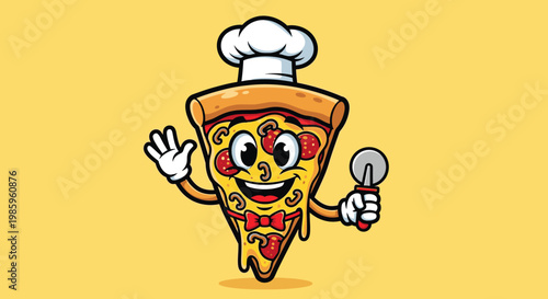 Cartoon pizza slice chef character with smile holding cutter on yellow