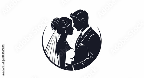 Silhouette of a bride and groom embracing within a circular frame