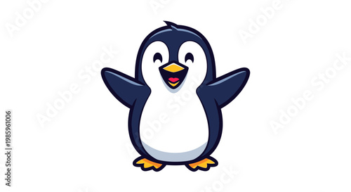 Cartoon penguin with open arms smiling cheerfully on a white background