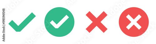 Check mark and cross icon set on transparent background, green approval and red cancel symbols, circle and plain variants, yes and no signs for interface, voting, feedback, web, app, validation design