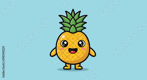 Cartoon pineapple character with happy expression and green top on blue backdrop