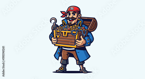 Cartoon pirate holding treasure chest with gold coins and hook vector illustration