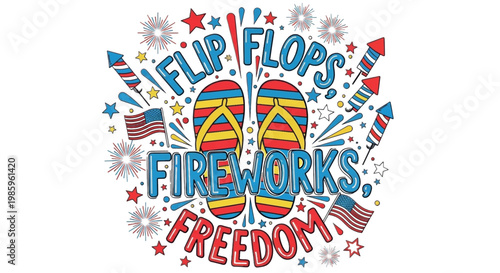 Patriotic summer, flip flops, fireworks, American freedom, holiday design elements, vector graphics