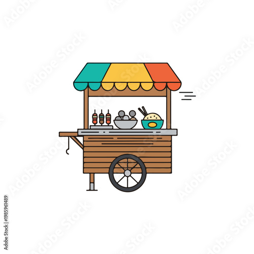 Street Food Cart with Skewers and Bowls