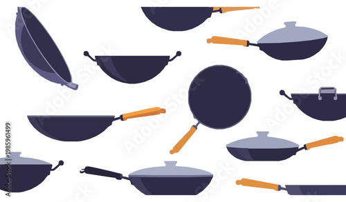 Dynamic wok pan vector set with modern cookware illustration in bold cooking kitchen style