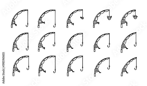 Fishing rod icon vector set with curved silhouette reel hook and line in minimal clean outline style