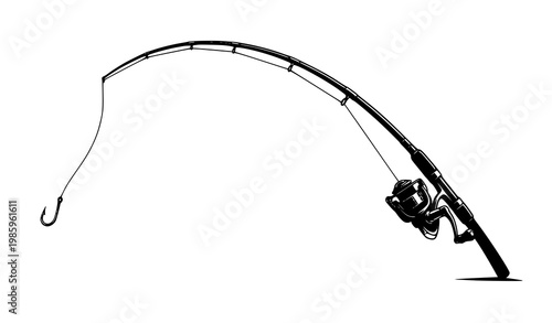 Dynamic curved fishing rod vector silhouette with reel and hook in action fishing sport style