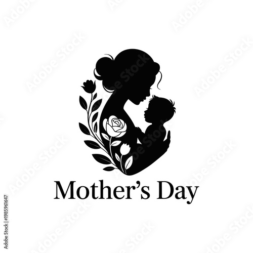 Silhouette of Mother and Child: a tender embrace. A stylized silhouette captures a mother's loving embrace of her child, framed by floral accents and the heartwarming words of Mother's Day.