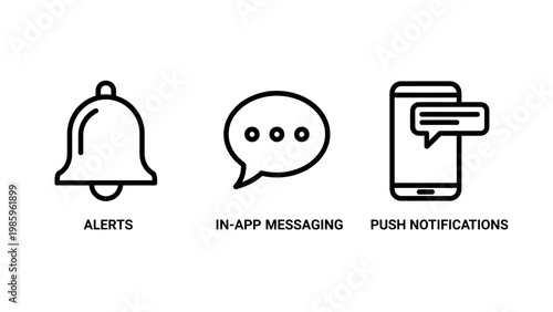 Alerts in-app messaging push notification icons with chat bubble in app messaging notifications smartphone communication information technology interface connection application assistance