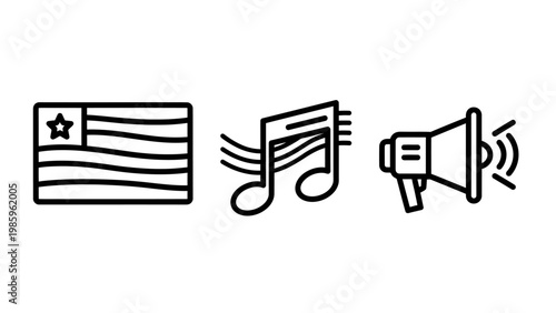 Flag music notes megaphone icons with megaphone announcement communication collection patriotic broadcast performance promotion information representation component