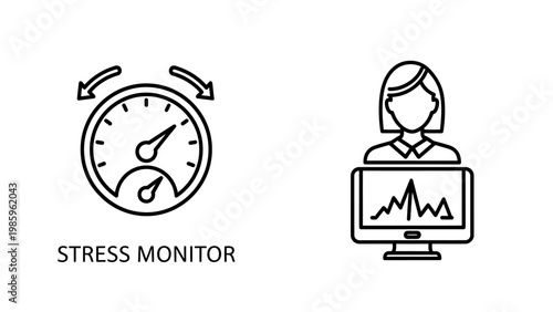Stress monitor gauge and person with computer screen icon pressure wellbeing computer analysis illustration workload overload management tracking measurement indicator performance