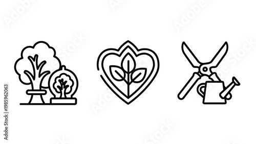 Gardening icons: trees growth symbol tools with pruning shears watering can gardening scissors environment cultivation horticulture botanical illustration lifestyle nurturing vegetation