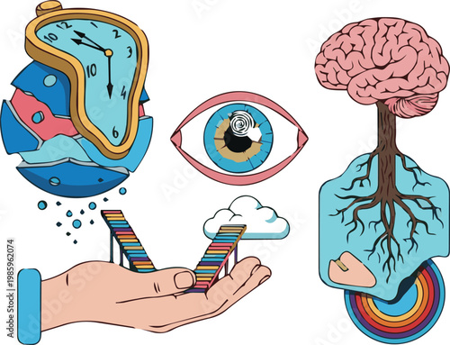 A surreal illustration of a hand holding a puzzle piece near an eye and brain with globe and rainbow elements.
