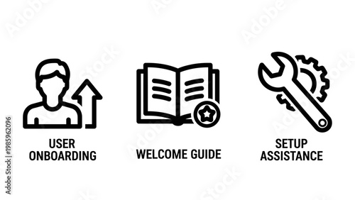 User onboarding welcome guide setup assistance icons with getting started customer service business assistance onboarding workflow interface illustration information instruction new user