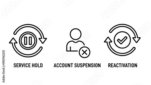 Service hold icon with circular arrows account suspension icon reactivation icon check mark reactivation management inactive verified approved rejected workflow operation business customer