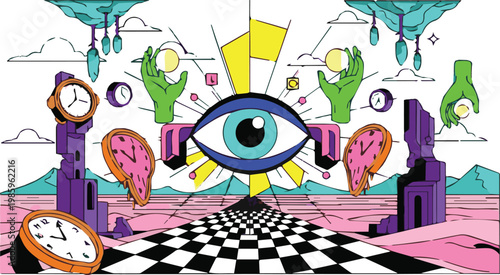 Surreal dreamlike scene with melting clocks eye cacti and abstract shapes on a checkered floor in a vibrant landscape