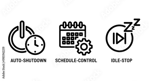 Auto-shutdown schedule control idle stop icons for power management with eco friendly schedule management efficiency automation operation calendar illustration technology computer industry
