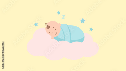 Adorable baby sleeps on a cloud with stars.