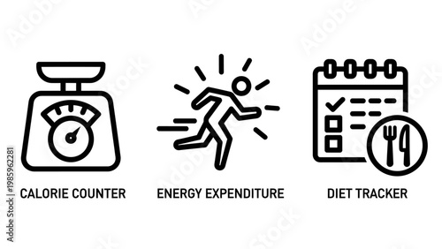 Calorie counter energy expenditure diet tracker icons with weight loss food intake healthy lifestyle nutrition exercise tracking calendar calories metabolism activity wellness management