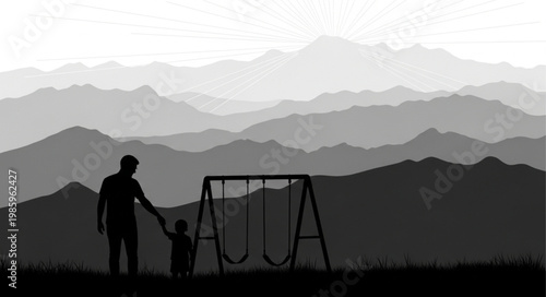 Silhouette Of Parent And Child At A Swing Set.