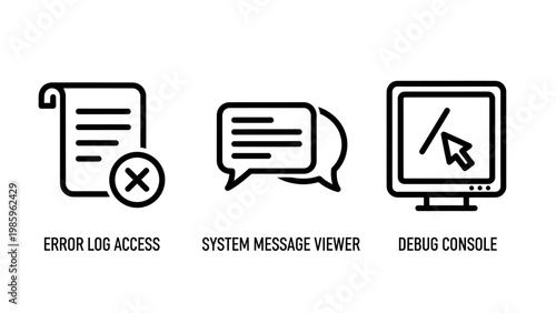 Software development icons: error log access system message viewer debug console with problem solving user interface white background developer tools software engineering technical support