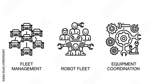 Icons representing fleet management robot integration equipment coordination with technology business management industry automation teamwork organization collaboration maintenance strategy