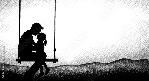 Silhouette of a couple seated on a swing together.