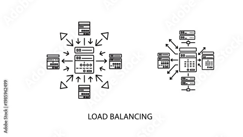 Load balancing diagrams with servers and network arrows data center balancing diagrams distribution management technology computer architecture illustration connection processing software