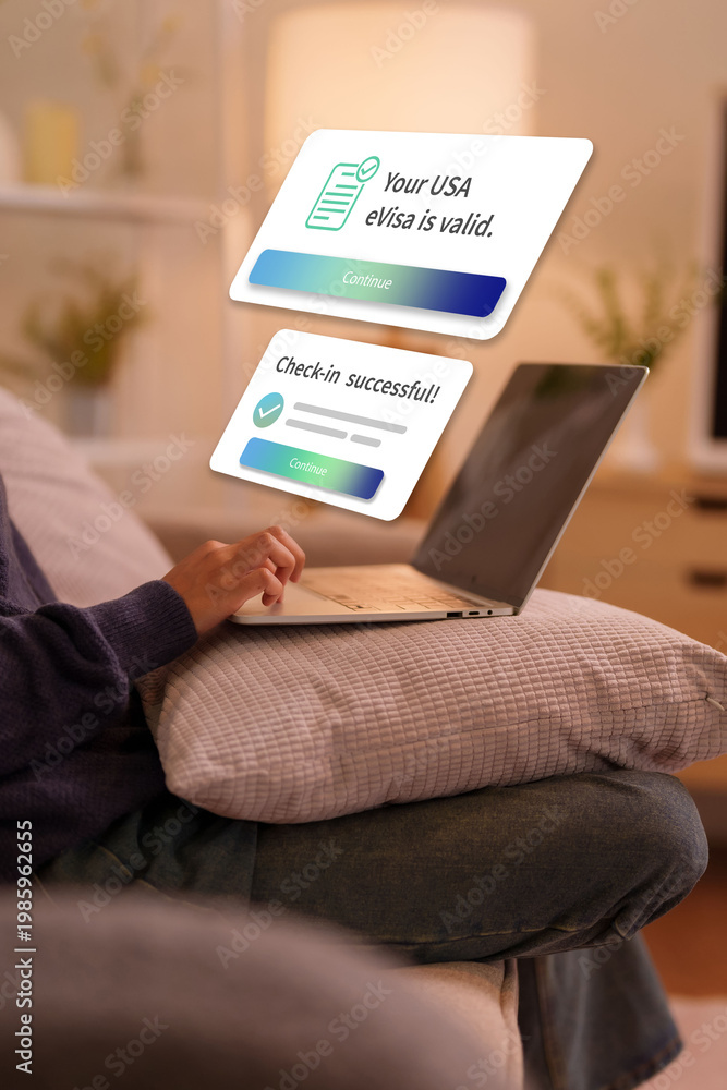 Obraz premium Person use laptop get USA eVisa validation and successful online check-in confirmation for convenient international travel preparation at home evisa online check-in immigration