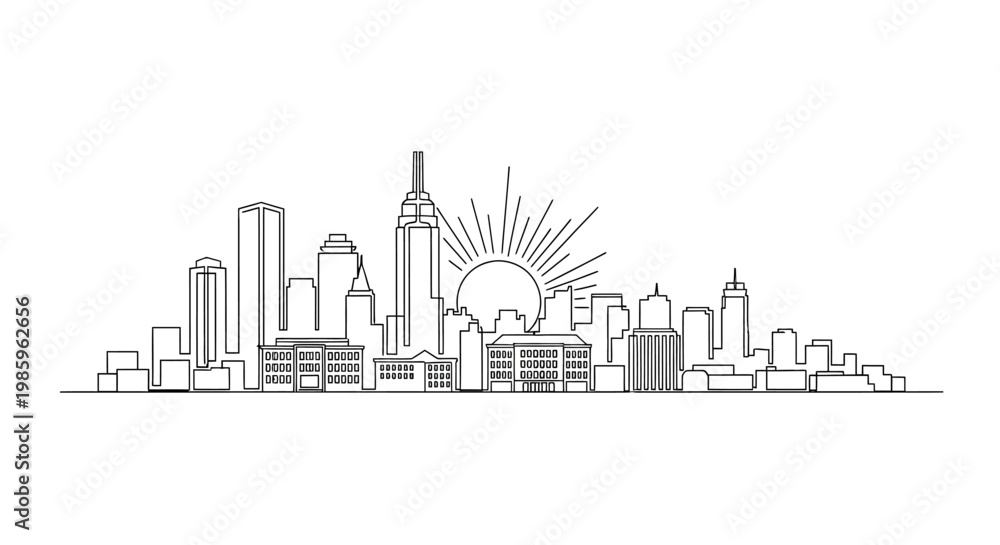 Obraz premium Minimalist Cityscape Outline Drawing with Sunrise