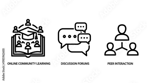 Online learning discussion team interaction icons with graduation cap chat bubbles people icons information sharing online course e learning digital education message board team building