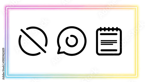 Prohibition sign chat bubble with progress circle notepad icons todo list flat icon line art task list online communication no symbol communication messaging discussion planning information