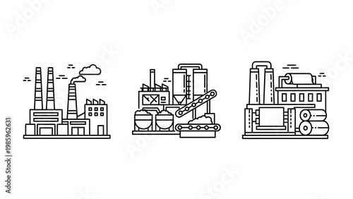 Industrial factory icons with chimneys and conveyor belts conveyor belt supply chain industrial industry building manufacturing production illustration architecture warehouse machinery