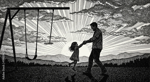 Silhouette of an adult and child holding hands outdoors.