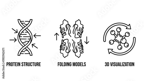 Protein structure folding models 3D visualization icons with structure visualization molecule research biotechnology genetics biochemistry collection illustration technology computer