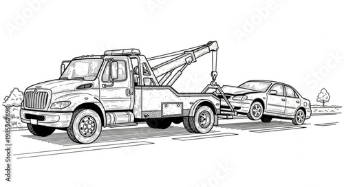 Tow truck hauling a disabled sedan on tow line.