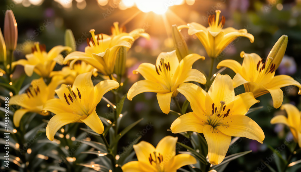Fototapeta premium vibrant yellow lilies basking in warm sunlight. These yellow lilies grow amidst a green landscape, enhancing the floral display.