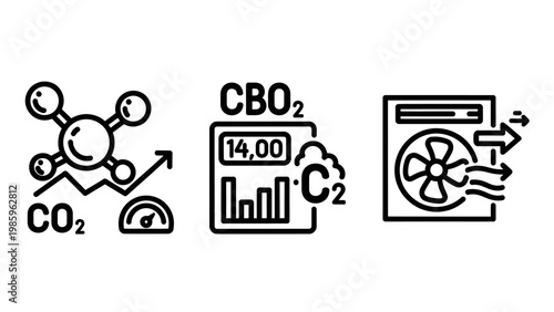 Environmental monitoring icons representing carbon dioxide levels co2 emissions tracking and air ventilation systems with emission environment monitoring pollution greenhouse molecular dashboard