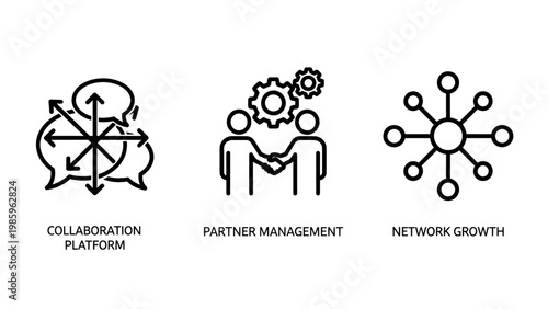Business development icons for collaboration platforms partner management handshake and network growth connections with business collaboration platform management handshake agreement strategy